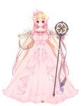  1girl blonde_hair bow dragon_girl dress fire_emblem fire_emblem:_rekka_no_ken full_body hat hat_bow holding holding_instrument holding_staff instrument long_hair lyre nintendo original pink_dress pink_hat red_eyes smile solo staff very_long_hair wings 