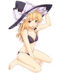  1girl arm_support arm_up bangs bare_arms bare_legs bare_shoulders barefoot bikini black_bikini black_bow black_hat blonde_hair bow braid breasts cleavage commentary_request eyebrows_visible_through_hair frilled_bikini frilled_bow frills full_body hair_bow halterneck hand_on_headwear hat hat_bow kirisame_marisa long_hair looking_at_viewer miyo_(ranthath) open_mouth simple_background single_braid sitting small_breasts solo stomach swimsuit thighs touhou wariza white_background white_bow witch_hat yellow_eyes 