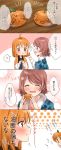  2girls 4koma :d :t ? ^_^ ahoge bangs blue_eyes blue_robe blush brown_hair bubble_background closed_eyes closed_eyes comic commentary_request drawing flying_sweatdrops food fruit fur_trim hair_ornament hairclip highres holding holding_food holding_fruit long_sleeves looking_at_another love_live! love_live!_sunshine!! mandarin_orange minori_748 multiple_girls notice_lines object_to_cheek open_mouth orange_hair orange_robe red_eyes robe short_hair smile spoken_question_mark takami_chika translation_request watanabe_you yuri 