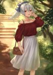  1girl bag baggy_clothes bangs blue_ribbon blush breasts casual collarbone day fate/grand_order fate_(series) floating_hair grey_hair hair_between_eyes hair_ribbon hand_up handbag highres large_breasts long_hair long_sleeves looking_at_viewer mashu_003 off-shoulder_shirt off_shoulder open_mouth outdoors ponytail red_eyes red_shirt ribbon shirt sidelocks skirt smile solo tomoe_gozen_(fate/grand_order) white_skirt wind 