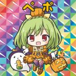  1girl :d bangs bikkuriman_(style) boots braid breasts candy_wrapper character_name checkerboard_cookie chibi cookie crown_braid dress eyebrows_visible_through_hair flower_knight_girl food ghost green_hair halloween_basket hat knee_boots long_hair long_sleeves open_mouth orange_dress orange_footwear pepo_(flower_knight_girl) puffy_short_sleeves puffy_sleeves pumpkin purple_hat purple_legwear red_eyes rinechun short_sleeves smile solo thigh-highs witch_hat 