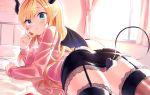  1girl ass blonde_hair breasts chips commentary_request curtains demon_horns demon_tail eyebrows_visible_through_hair food garter_straps green_eyes highres holding holding_food hololive horns long_hair long_sleeves looking_at_viewer looking_back lying neit_ni_sei on_bed on_stomach pink_shirt pointy_ears shirt solo sunlight sweatdrop tail thigh-highs virtual_youtuber window yuzuki_choco 