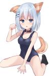 1girl absurdres animal_ears bangs bare_arms bare_shoulders belt_buckle belt_collar black_legwear blue_eyes blue_hair blue_swimsuit breasts brown_collar buckle collar collarbone commentary date_a_live dog_ears dog_girl dog_tail eyebrows_visible_through_hair hair_between_eyes hair_ornament hairclip hand_up highres long_hair medium_breasts natsu_(sinker8c) no_shoes one-piece_swimsuit parted_lips paw_pose school_swimsuit shadow sitting socks solo swimsuit symbol_commentary tail tobiichi_origami wariza white_background 