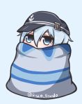  1girl anchor_symbol artist_name black_hat blanket blue_background blue_eyes blue_hair covered_mouth disco_brando eyebrows_visible_through_hair hat hibiki_(kantai_collection) highres kantai_collection long_hair looking_at_viewer simple_background solo twitter_username 