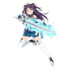  1girl blue_shorts full_body hairband holding holding_sword holding_weapon leg_up long_hair looking_at_viewer official_art print_shorts purple_hair red_eyes short_shorts shorts shoulder_cutout simple_background smile solo sword sword_art_online sword_art_online:_code_register thigh-highs tied_hair weapon white_background white_legwear yuuki_(sao) 