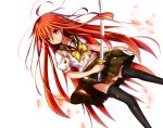  1girl ahoge baisi_shaonian black_legwear bow floating_hair hair_between_eyes hair_bow highres holding holding_letter holding_sword holding_weapon katana long_hair miniskirt parted_lips red_eyes redhead sailor_collar school_uniform shakugan_no_shana shana shiny shiny_hair shirt short_sleeves skirt solo sword thigh-highs very_long_hair weapon white_shirt yellow_bow zettai_ryouiki 