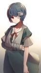  1girl ayanami_rei bandage bandaged_head bandages eyepatch gradient gradient_background grey_hair grey_shirt grey_skirt looking_at_viewer neck_ribbon neon_genesis_evangelion popupi red_eyes red_ribbon ribbon shirt short_hair short_sleeves skirt solo standing white_background 