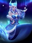  1girl alternate_costume alternate_hair_color aurora bangs bare_shoulders breasts cleavage collarbone commentary_request detached_collar fur_trim gauntlets hand_up helmet highres kezi large_breasts league_of_legends long_hair looking_at_viewer mermaid monster_girl nami_(league_of_legends) parted_lips purple_lips scales silver_hair smile snowflake_print snowflakes solo tail violet_eyes winter_wonder_nami 