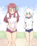  2girls ? alternate_costume blue_eyes blush buruma commentary embarrassed flying_sweatdrops gym_uniform hairband highres konno_junko long_hair minamoto_sakura multiple_girls redhead shirt_pull twintails ueyama_michirou white_hair zombie_land_saga 