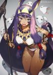  1girl animal_ears bracelet breasts cleavage dark_skin earrings egyptian_clothes eyebrows_visible_through_hair facial_mark fate/grand_order fate_(series) fingernails hand_on_hip hoop_earrings jackal_ears jewelry leaning_forward long_fingernails long_hair looking_at_viewer medjed navel nitocris_(fate/grand_order) open_mouth purple_hair sidelocks solo staff toridamono usekh_collar very_long_hair violet_eyes 
