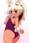  1girl :d animal_ear_fluff animal_ears ass bangs bare_shoulders blonde_hair blush breasts bunny_girl bunny_tail bunnysuit dark_skin eyebrows_visible_through_hair gradient gradient_background hair_between_eyes hand_up heart heart-shaped_pupils high_ponytail highres leotard looking_at_viewer looking_back masurao_(sekaiju) naga_u open_mouth pink_background ponytail purple_leotard rabbit_ears red_eyes sekaiju_no_meikyuu sekaiju_no_meikyuu_5 sidelocks small_breasts smile solo strapless strapless_leotard symbol-shaped_pupils tail upper_teeth white_background wrist_cuffs 