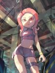 1girl :o agent_8 ayatori_(sensei_heroism) bare_shoulders black_skirt breasts crop_top legs_apart long_hair miniskirt octarian octoling open_mouth red_eyes redhead skirt sleeveless small_breasts solo splatoon splatoon_(series) splatoon_2 splatoon_2:_octo_expansion standing suction_cups tentacle_hair thigh_strap turtleneck wristband zipper zipper_pull_tab 