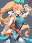  1girl artist_name bare_shoulders belt blonde_hair dragalia_lost elbow_gloves elisanne eyebrows_visible_through_hair garter_straps gloves grey_background hair_ornament highres holding jewelry long_hair looking_at_viewer open_mouth ponytail ribbon smile solo thigh-highs violet_eyes weapon white_legwear yume_ou 