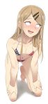  1girl american_flag_bikini barefoot bikini blonde_hair blush breasts brown_eyes collarbone constricted_pupils dagashi_kashi ear_piercing endou_saya fang flag_print full-face_blush full_body hair_ornament hairclip hands_on_own_thighs kneeling long_hair looking_to_the_side namidate navel panties piercing side-tie_panties simple_background small_breasts solo sweat sweating_profusely swimsuit underwear white_background 
