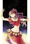  1girl bracelet brown_hair dancer dancing green_eyes jewelry long_hair midriff navel necklace octopath_traveler okii open_mouth ponytail primrose_azelhart simple_background skirt smile solo star 