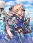  absurdres aiming armor breasts brown_hair cannon cleavage clouds cloudy_sky dress gloves hair_ornament highres huge_filesize johnston_(kantai_collection) kantai_collection leg_up long_hair looking_at_viewer medium_breasts ocean one_eye_closed red_eyes rigging sailor_dress sky solo thigh-highs twintails water weapon 