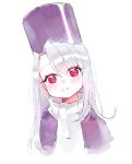  1girl bangs blush closed_mouth commentary_request eyebrows_visible_through_hair fate/stay_night fate_(series) grey_scarf hair_between_eyes hat head_tilt ia_(ias1010) illyasviel_von_einzbern jacket long_hair purple_hat purple_jacket red_eyes scarf silver_hair simple_background smile solo upper_body white_background 