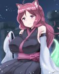  1girl :3 ahoge animal_ears bare_shoulders blurry blush breasts closed_mouth dated depth_of_field detached_sleeves eyebrows_visible_through_hair head_tilt japanese_clothes kemurikusa large_breasts long_hair night number outdoors pink_eyes redhead ribbon-trimmed_sleeves ribbon_trim ritsu_(kemurikusa) samenoido sitting sleeves_past_fingers sleeves_past_wrists solo wide_sleeves 