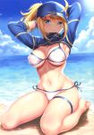 1girl absurdres ahoge armpits arms_behind_head artoria_pendragon_(all) bangs barefoot baseball_cap beach bikini blonde_hair blue_eyes blue_hat blue_sky blush breasts clouds cloudy_sky cropped_jacket day erect_nipples eyebrows_visible_through_hair fate/grand_order fate_(series) full_body groin hair_through_headwear hat highres kase_daiki long_hair looking_at_viewer medium_breasts mysterious_heroine_xx_(foreigner) navel ocean outdoors page_number ponytail sand scan shiny shiny_skin shore shrug_(clothing) side-tie_bikini sideboob sitting skindentation sky solo sunlight swimsuit thigh_strap thighs toes under_boob water white_bikini zipper_pull_tab 