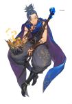  1boy armlet belt black_footwear blue_cape blue_hair book boots bracer buckle cape earrings floating floating_book gem glowing highres jewelry male_focus na_in-sung necklace original ponytail pouch puffy_pants ring short_hair simple_background solo staff white_background yellow_eyes 