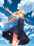  1girl air ascot black_dress black_ribbon blonde_hair blue_eyes blue_sky bow breasts clouds dress dutch_angle eyebrows_visible_through_hair floating_hair from_below guang_yiren hair_between_eyes hair_bow highres kamio_misuzu long_hair open_mouth outdoors outstretched_arms pinafore_dress ponytail red_neckwear ribbon shirt short_dress short_sleeves sky sleeveless sleeveless_dress small_breasts solo standing sunlight very_long_hair white_bow white_feathers white_shirt 