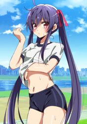  1girl ahoge black_shorts blue_hair blue_sky blush clouds cowboy_shot day ebisuzawa_kurumi eyebrows_visible_through_hair gakkou_gurashi! groin gym_uniform hair_between_eyes hair_ribbon highres lifted_by_self long_hair looking_at_viewer midriff navel outdoors red_eyes red_ribbon ribbon shirt shirt_lift short_shorts short_sleeves shorts sinakyo sketch sky solo standing stomach sweatdrop twintails very_long_hair white_shirt 