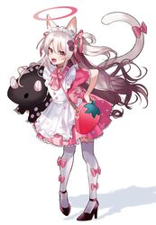  1girl animal_ears apron bag bangs black_legwear bow carrying_under_arm cat cat_ears cat_girl cat_tail commentary_request dress fang food frilled_skirt frills frown fruit full_body hair_bow hair_ribbon halo hand_on_hip heart heart_print high_heels highres long_hair looking_at_viewer maid maid_apron maid_headdress open_mouth original paw_hair_ornament paw_print pink_bow pink_dress pink_skirt pleated_skirt pomu_(pomu_me) red_eyes ribbon short_sleeves silver_hair simple_background skirt solo standing strawberry stuffed_animal stuffed_toy tail tail_bow tail_raised thigh-highs two_side_up v-shaped_eyebrows very_long_hair wavy_hair white_background white_legwear 