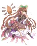  1girl :d bangs black_legwear blush braid breasts brown_dress brown_hair commentary_request detached_sleeves dress eyebrows_visible_through_hair fingernails food_fantasy frills full_body green_eyes green_ribbon hair_between_eyes hair_ornament hair_ribbon highres holding holding_spoon long_hair long_sleeves medium_breasts mole mole_under_eye open_mouth oversized_object pantyhose puffy_short_sleeves puffy_sleeves red_footwear ribbon shikino_(sikinonono) shoes short_over_long_sleeves short_sleeves side_braid single_braid smile solo spoon tiramisu_(food_fantasy) very_long_hair 