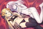  2girls :d :o abigail_williams_(fate/grand_order) bangs black_bow black_bra black_legwear black_panties blonde_hair blue_eyes blush bow bow_panties bra breasts cleavage cleavage_cutout collarbone fate/grand_order fate_(series) hair_between_eyes hair_bow horn interlocked_fingers kokusan_moyashi lavinia_whateley_(fate/grand_order) long_hair looking_at_viewer lying meme_attire multiple_girls navel no_shoes on_back on_side open_mouth orange_bow panties parted_bangs polka_dot polka_dot_bow side-tie_panties silver_hair small_breasts smile stomach thigh-highs twitter_username underwear underwear_only very_long_hair violet_eyes white_bra white_legwear white_panties 