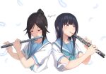  2girls bangs black_hair blue_eyes blue_neckwear blue_sailor_collar blush dark_blue_hair eyebrows_visible_through_hair feathers flute hibike!_euphonium highres holding holding_instrument instrument kasaki_nozomi ky_(ky990533) liz_to_aoi_tori long_hair multiple_girls music neckerchief open_mouth parted_lips playing_instrument ponytail red_eyes sailor_collar school_uniform serafuku shirt simple_background white_background white_shirt yoroizuka_mizore yuri 