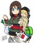  3girls absurdres animal_print artist_name baby backpack bag bangs black_hair black_hat black_skirt blonde_hair blue_eyes blush bunny_print carrying child chips clara_(girls_und_panzer) clenched_hand closed_eyes commentary_request emblem fanta_(the_banana_pistols) food girls_und_panzer green_jacket grocery_bag ground_vehicle hand_on_another&#039;s_head hat highres jacket katyusha kv-2 long_hair long_sleeves looking_at_another military military_vehicle miniskirt motor_vehicle multiple_girls no_jacket nonna nose_blush open_mouth outstretched_arms panties pantyshot pantyshot_(standing) pleated_skirt potato_chips pravda_school_uniform randoseru red_shirt saliva school_uniform shirt shopping_bag short_hair signature simple_background skirt sleeping smile spring_onion standing swept_bangs tank tank_helmet traditional_media turtleneck underwear white_background white_panties younger 