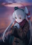  1girl absurdres amatsukaze_(kantai_collection) bangs blush breath buttons can cup drink eyelashes fang gloves hair_between_eyes hair_ornament hair_tubes hara_shoutarou hat highres holding holding_cup jacket kantai_collection long_hair long_sleeves mini_hat open_mouth orange_eyes outdoors red_scarf scarf silver_hair smokestack solo two_side_up upper_body white_gloves windsock 