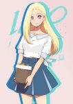  1girl basket blonde_hair blue_eyes blue_skirt character_name collarbone earrings holding holding_basket index_finger_raised jewelry lee1210 long_hair looking_at_viewer miniskirt naruto_(series) naruto_shippuuden pleated_skirt shadow shirt short_sleeves skirt solo standing white_shirt yamanaka_ino 