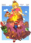  1girl 2boys ? animal_ears armlet black_eyes blonde_hair blue_eyes bowser bracelet brick brown_footwear castle clouds coin crown elbow_gloves facial_hair flag gameplay_mechanics gem gloves glowing goomba hat highres holding jewelry jumping leaf lipstick long_hair makeup mario super_mario_bros. multiple_boys mushroom mustache na_in-sung nintendo open_mouth parted_lips pink_lips pink_lipstick pipe piranha_plant princess_peach red_eyes red_footwear red_hat redhead shell shoes signature smile sparkle spiked_armlet spiked_bracelet spikes tail teeth white_gloves 