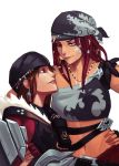  2girls arm_around_shoulder arm_around_waist bandanna bare_shoulders brown_eyes brown_hair closed_mouth commission earrings facial_mark final_fantasy final_fantasy_xiv fingerless_gloves gloves hairlocs heterochromia highres hyur jewelry looking_at_another midriff monk_(final_fantasy) multiple_girls navel necklace parted_lips qt0ri redhead smile warrior_(final_fantasy) white_background 
