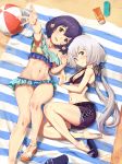  2girls absurdres ball beachball bikini black_bikini black_hair black_shorts blue_bikini blue_eyes bottle breasts cleavage flower frilled_bikini frilled_bikini_top frilled_shorts frills full_body hair_between_eyes hair_flower hair_ornament highres jonathan_h konno_junko long_hair looking_at_viewer lotion low_twintails lying medium_breasts mizuno_ai multiple_girls navel on_side red_eyes sandals sandals_removed short_hair shorts silver_hair sunscreen swimsuit twintails zombie_land_saga 