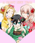  3girls black_hair blonde_hair blush hair_ribbon highres hikaru_(ofuton_at5) japanese_clothes katou_asuka kimono kuroki_tomoko multiple_girls new_year okada_akane one_eye_closed ribbon smile sweat v watashi_ga_motenai_no_wa_dou_kangaetemo_omaera_ga_warui! 