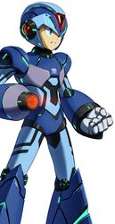  1boy android arm_cannon capcom clenched_hand clenched_teeth green_eyes helmet highres male_focus robot_joints rockman rockman_x simple_background solo standing teeth user_fuyz3388 weapon white_background x_(rockman) 