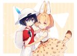  2girls animal_ears backpack bag bare_shoulders black_hair blonde_hair blue_eyes bow bowtie cowboy_shot elbow_gloves eyebrows_visible_through_hair feathers gloves helmet high-waist_skirt hiragi_rin holding_strap imminent_hug kaban_(kemono_friends) kemono_friends multicolored_hair multiple_girls pith_helmet print_gloves print_skirt serval_(kemono_friends) serval_ears serval_print serval_tail shirt short_hair short_sleeves shorts skirt sleeveless t-shirt tail yellow_eyes 