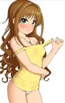  1girl :3 aqua_eyes bangs bare_shoulders between_breasts blush breasts brown_hair cleavage eyebrows_visible_through_hair hair_down hair_intakes hand_on_own_stomach hino_akane_(idolmaster) idolmaster idolmaster_cinderella_girls jewelry lips long_hair looking_at_viewer medium_breasts necklace no_pants nose_blush off_shoulder omaru_gyuunyuu panties pendant shirt simple_background solo standing underwear wavy_hair white_background white_panties yellow_shirt 