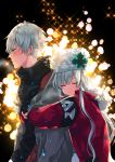  1boy 1girl anastasia_(fate/grand_order) black_background black_sweater blush closed_eyes coat couple embarrassed fate/grand_order fate_(series) from_side hat highres hug hug_from_behind kadoc_zemlupus long_hair open_clothes open_coat red_coat shika_(isk_mjkss) silver_hair smile sweater turtleneck turtleneck_sweater upper_body white_hat winter_clothes winter_coat yellow_eyes 