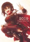  1girl 2019 ;d black_dress black_footwear black_hair black_legwear breasts brown_eyes cape detached_sleeves dress flower happy_new_year leg_up long_sleeves looking_at_viewer medium_breasts moai_(moai_world) new_year one_eye_closed open_mouth pleated_dress red_cape rose ruby_rose rwby short_dress short_hair simple_background sleeveless sleeveless_dress smile solo standing standing_on_one_leg strapless strapless_dress thigh_strap torn_clothes torn_legwear v white_background white_flower white_rose white_sleeves 