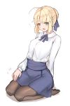  1girl absurdres ahoge arm_behind_back artoria_pendragon_(all) black_legwear blonde_hair blue_ribbon blue_skirt dress_shirt eyebrows_visible_through_hair fate/stay_night fate_(series) full_body green_eyes hair_bun hair_ribbon highres kneeling leaning_back long_sleeves miniskirt miramu_(ramu450471) open_mouth pantyhose ribbon saber shirt short_hair sidelocks simple_background skirt solo white_background white_shirt 