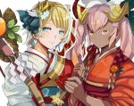  2girls blonde_hair blue_eyes earrings fire_emblem fire_emblem_heroes fjorm_(fire_emblem_heroes) holding horn horn_ornament japanese_clothes jewelry kimono laegjarn_(fire_emblem_heroes) multiple_girls nintendo orange_eyes pink_hair rem_sora410 short_hair smile 