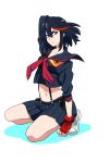  1girl arm_up black_hair black_sailor_collar black_serafuku black_shirt black_skirt fingerless_gloves gloves highlights highres kill_la_kill long_sleeves looking_at_viewer matoi_ryuuko mayuri_kaichou midriff miniskirt multicolored_hair navel neckerchief one_knee pleated_skirt red_gloves red_neckwear sailor_collar school_uniform senketsu serafuku shiny shiny_hair shirt shoes short_hair simple_background skirt sneakers solo stomach suspender_skirt suspenders white_background 