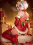  1girl bare_shoulders blue_eyes blurry_foreground box breasts christmas daria_leonova earrings elbow_gloves from_behind fur_trim gift gift_box gloves halterneck headband jewelry leotard lips looking_at_viewer looking_back medium_breasts mole mole_under_mouth nier_(series) nier_automata parted_lips patreon_username short_hair smile solo thigh-highs watermark web_address white_hair yorha_no._2_type_b 