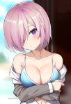  1girl bangs bare_shoulders beach bikini blue_bikini blue_sky blurry blurry_background blush breasts cleavage closed_mouth clouds cloudy_sky collarbone commentary_request day depth_of_field eyebrows_visible_through_hair fate/grand_order fate_(series) hair_over_one_eye head_tilt jacket large_breasts mash_kyrielight navel off_shoulder open_clothes open_jacket outdoors pink_hair sand sky solo swimsuit twitter_username tyone upper_body violet_eyes water white_jacket 