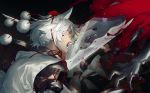  animal_ears blood blood_splatter colored_eyelashes detached_sleeves fangs fighting grey_hair hat highres inubashiri_momiji japanese_clothes katana open_mouth ouka_musci pom_pom_(clothes) shield short_hair solo_focus sword tokin_hat touhou weapon white_hair wide_sleeves wolf wolf_ears wolf_girl yellow_eyes 