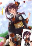  1girl al_bhed_eyes anger_vein bangs black_kimono blue_sky blush breasts clouds day eyebrows_visible_through_hair floral_print flower girls_frontline hagoita hair_flower hair_ornament hair_ribbon highres holding_brush holding_paddle japanese_clothes kimono large_breasts long_hair looking_at_viewer meito_harmren obi one_side_up open_mouth outdoors paddle punishment_game purple_hair red_eyes ribbon sash shuttlecock sidelocks sky spoken_anger_vein surprised sweatdrop trembling very_long_hair wa2000_(girls_frontline) 