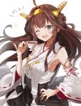  1girl ahoge blush breasts brown_hair cup detached_sleeves double_bun eyebrows_visible_through_hair fuku_kitsune_(fuku_fox) hairband headgear highres japanese_clothes kantai_collection kongou_(kantai_collection) long_hair looking_at_viewer medium_breasts nontraditional_miko one_eye_closed remodel_(kantai_collection) ribbon-trimmed_sleeves ribbon_trim simple_background skirt solo teacup white_background 